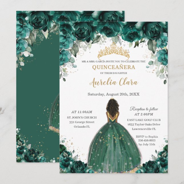 Chic Quinceañera Emerald Green Floral Princess  Invitation (Front/Back)