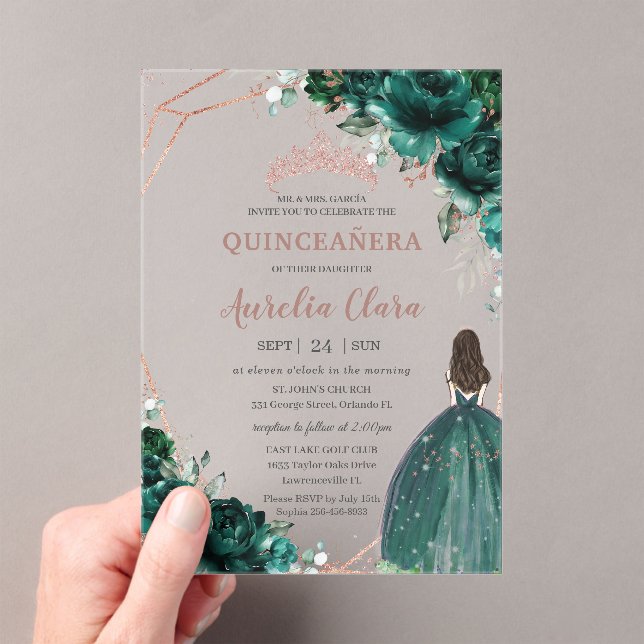 Chic Quinceañera Emerald Green Floral Rose Gold  Acrylic Invitations (Insitu (Handheld))
