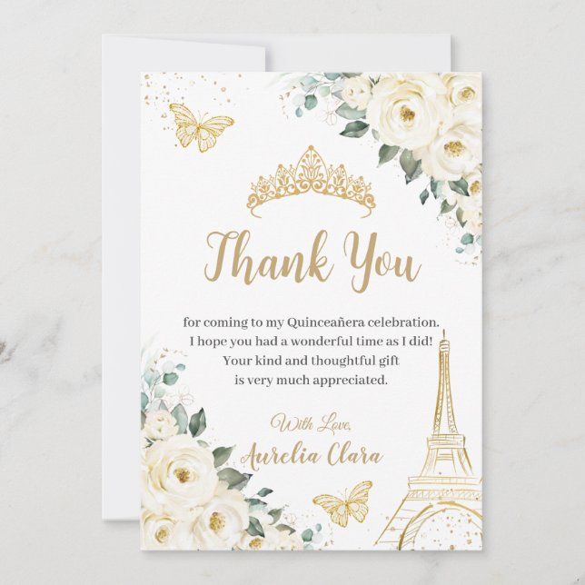 Chic Quinceañera Ivory Floral Eiffel 16th Birthday Thank You Card (Front)