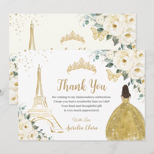 Chic Quinceañera Ivory Floral Paris 16th Birthday  Thank You Card (Front/Back)