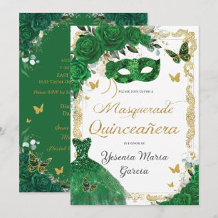Chic Quinceañera Masquerade Emerald Green Floral Invitation