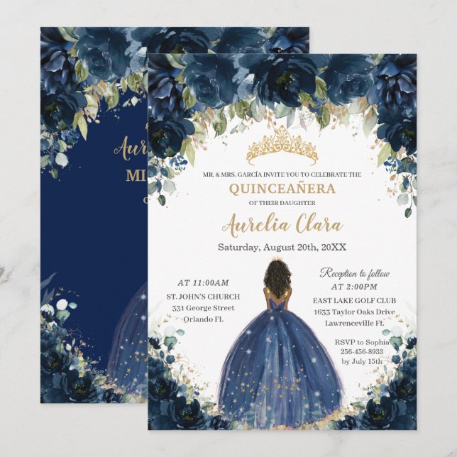 Chic Quinceañera Navy Blue Floral Brown Princess Invitation (Front/Back)