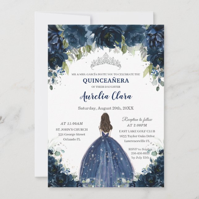 Chic Quinceañera Navy Blue Floral Princess Silver Invitation (Front)