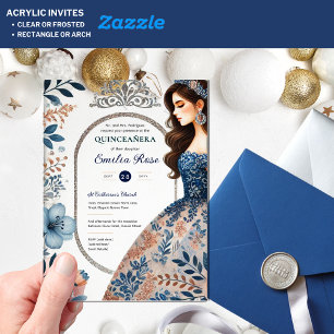 CHIC Quinceañera Navy Blue Rose Gold Dress Flowers Acrylic Invitations
