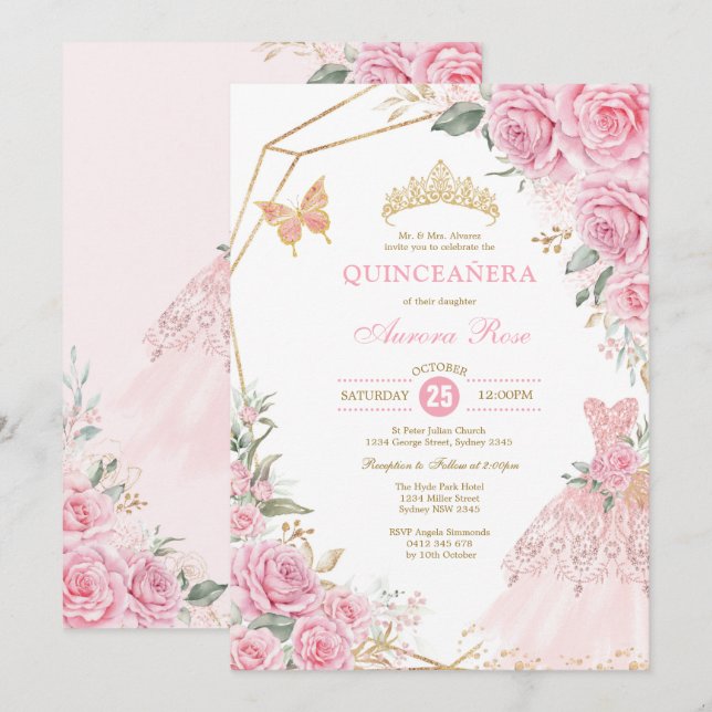 Chic Quinceañera Pink Gold Roses Crown Princess Invitation (Front/Back)