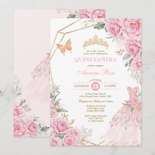 Chic Quinceañera Pink Gold Roses Crown Princess Invitation
