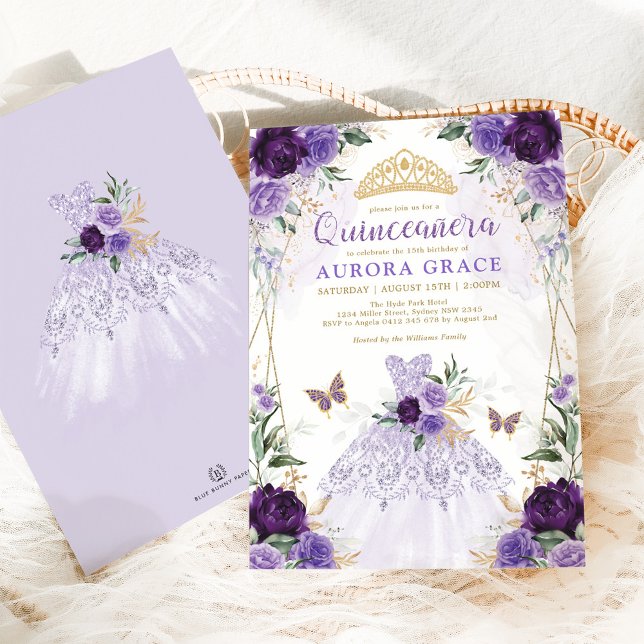 Chic Quinceañera Princess Dress Purple Floral Invitation (Creator Uploaded)