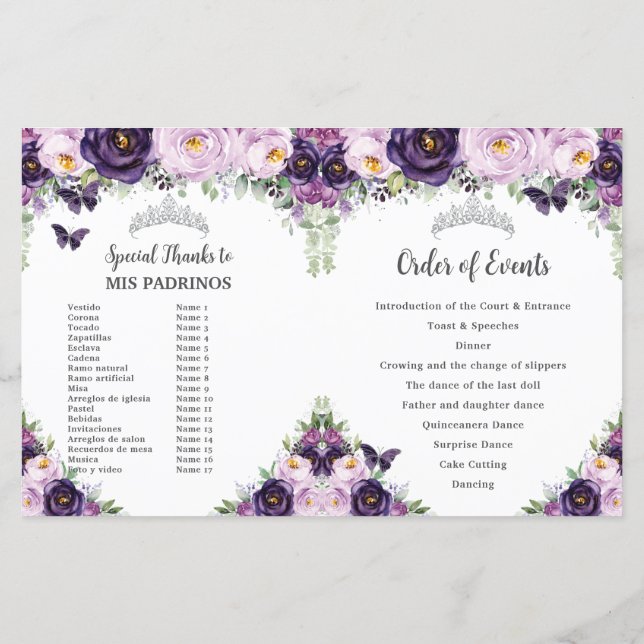 Chic Quinceañera Purple Floral Butterflies Program (Back)