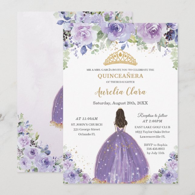 Chic Quinceañera Purple Lilac Floral Princess  Invitation (Front/Back)