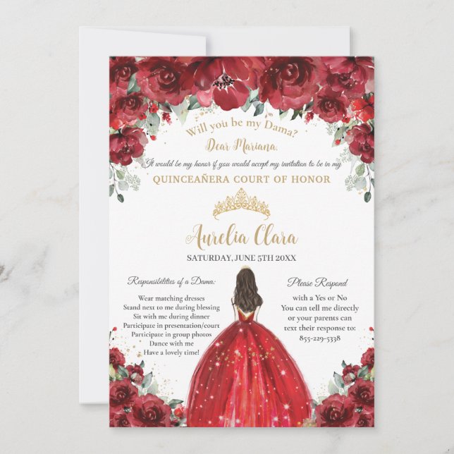 Chic Quinceañera Red Floral Dama Proposal Request Invitation (Front)