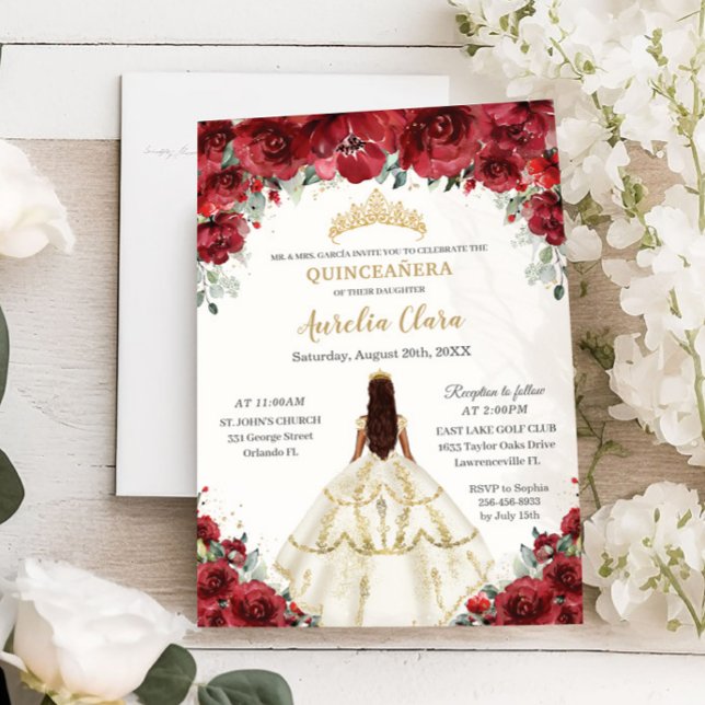 Chic Quinceañera Red Floral Princess White Dress Invitation (Creator Uploaded)