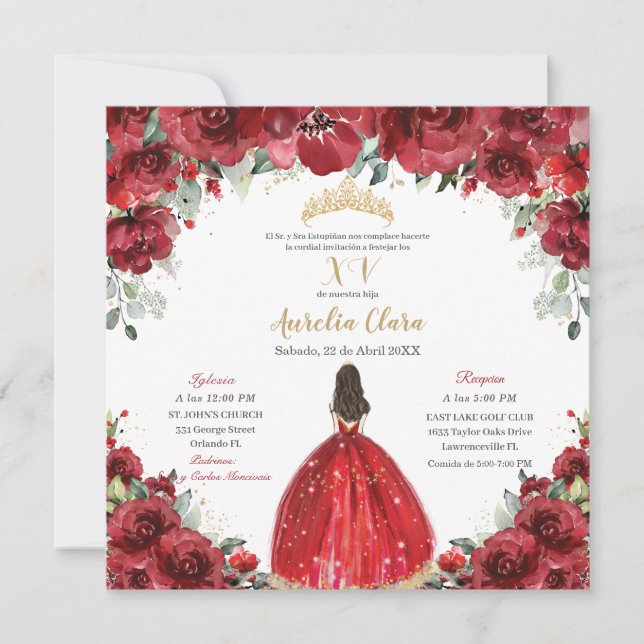 Chic Quinceañera Red Floral Roses Princess Gold Invitation (Front)