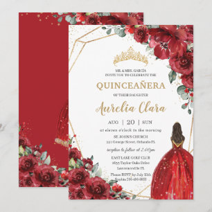 Chic Quinceañera Red Flowers Floral Brown Princess Invitation