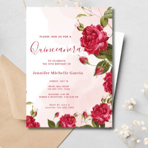 Chic Quinceañera Red Roses Floral Princess Invitation