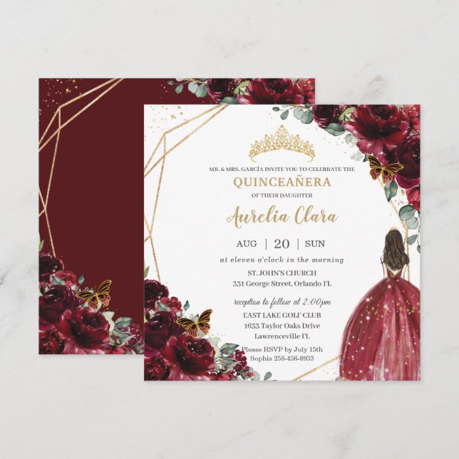 Chic Quinceañera Rich Burgundy Red Floral Tiara Invitation (Front/Back)