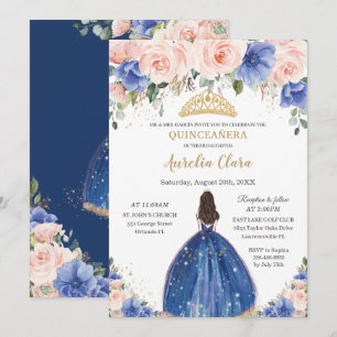 Chic Quinceañera Royal Blue Blush Floral Princess  Invitation