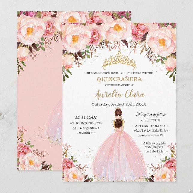 Chic Quinceañera Soft Blush Floral Princess  Invitation (Front/Back)