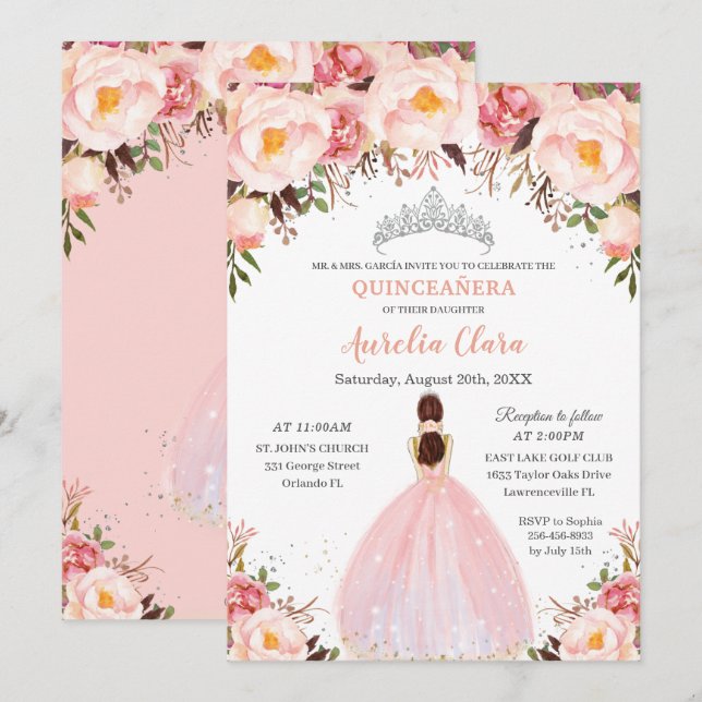 Chic Quinceañera Soft Blush Floral Princess Silver Invitation (Front/Back)