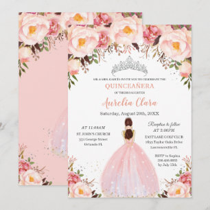 Chic Quinceañera Soft Blush Floral Princess Silver Invitation