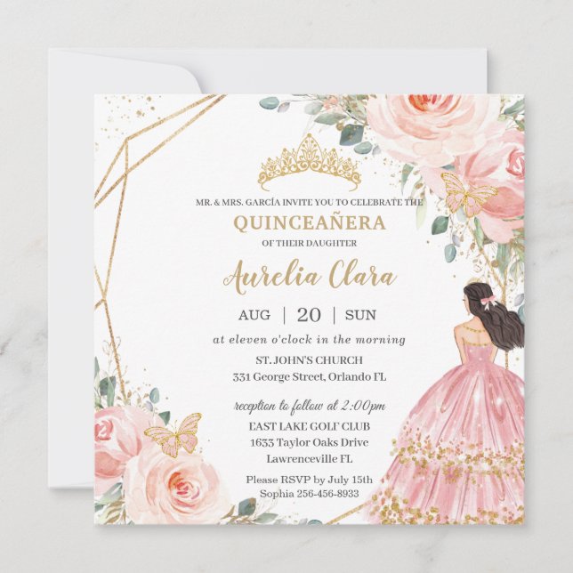 Chic Quinceañera Soft Blush Pink Floral Princess Invitation (Front)