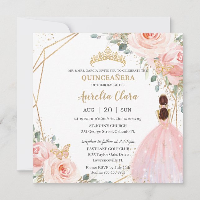 Chic Quinceañera Soft Blush Pink Floral Tiara Invitation (Front)