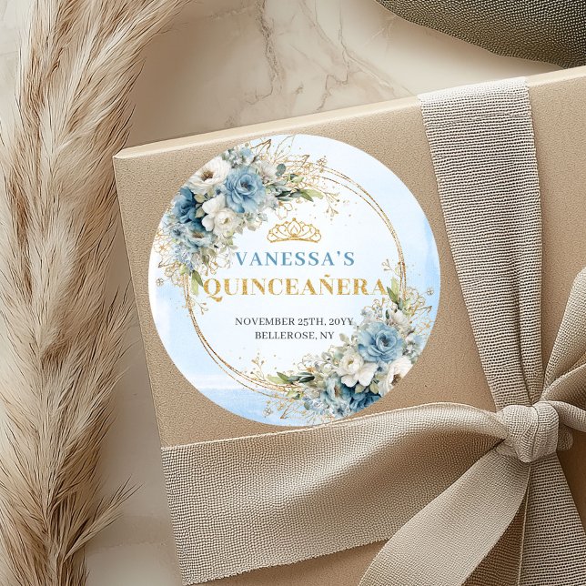 Chic Quinceañera Sticker Dusty Blue Gold Floral (Chic Quinceañera Sticker Dusty Blue Gold Floral)