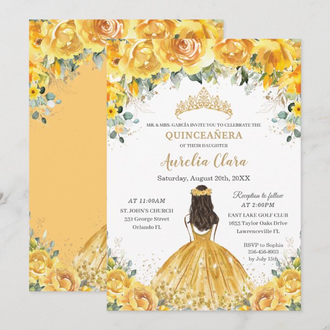 Chic Quinceañera Yellow Floral Princess Birthday Invitation (Front/Back)