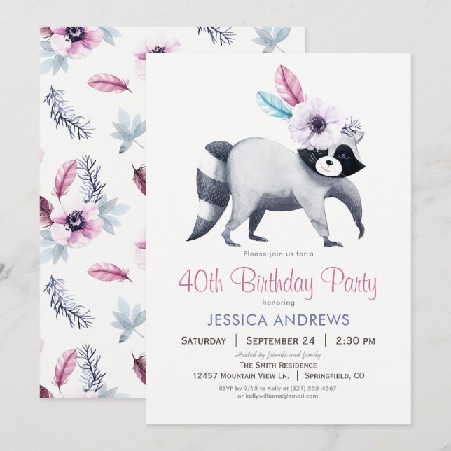 Chic Racoon Birthday Party Invitation (Front/Back)