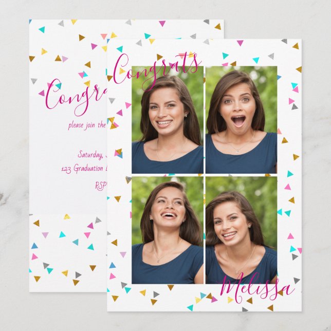 Chic Rainbow Confetti Graduation Photo Invitations (Front/Back)