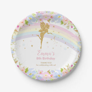 Chic Rainbow Fairy Girl Birthday Pink Floral Paper Plate