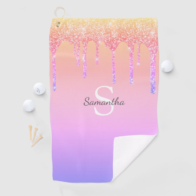 Chic Rainbow Glitter Drips Sparkle Monogram Name Golf Towel (InSitu)