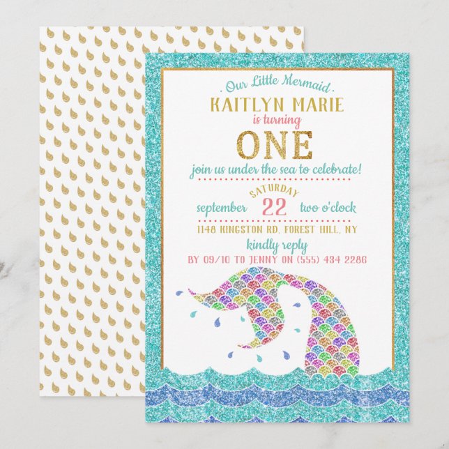Chic Rainbow Glitter Mermaid 1st Birthday Invitation (Front/Back)