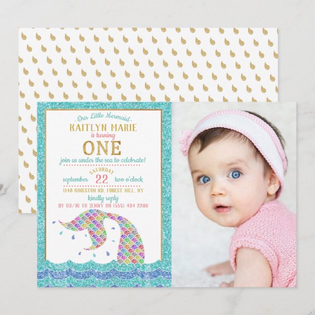 Chic Rainbow Glitter Mermaid 1st Birthday Photo Invitation (Front/Back)