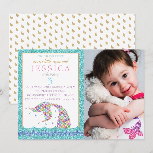 Chic Rainbow Glitter Mermaid Photo 3rd Birthday Invitation (Front/Back)