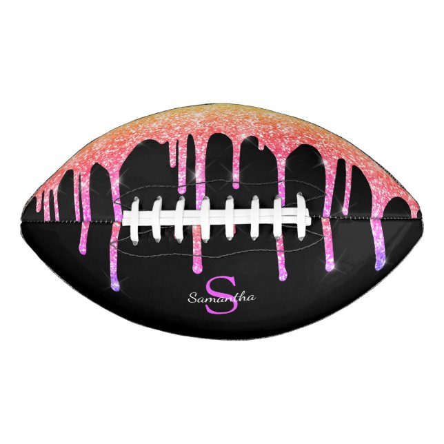 Chic Rainbow Glitter Sparkle Drips Black Monogram American Football (Front)