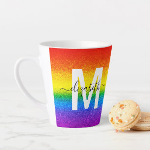 Chic Rainbow Glitter Stripe Monogram Name Latte Mug
