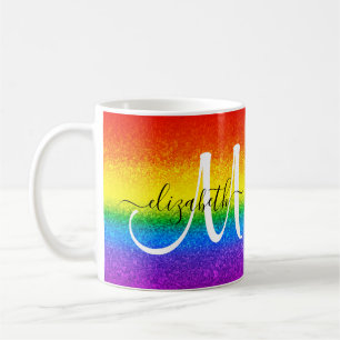 Chic Rainbow Glitter Stripe Script Monogram Coffee Mug