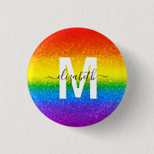 Chic Rainbow Glitter Stripes Monogram Name 3 Cm Round Badge