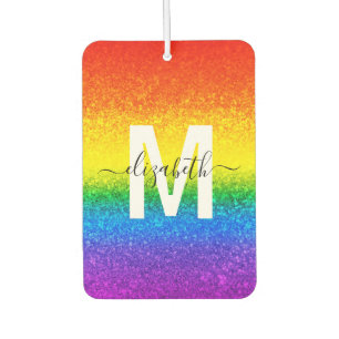 Chic Rainbow Glitter Stripes Monogram Name Car Air Freshener