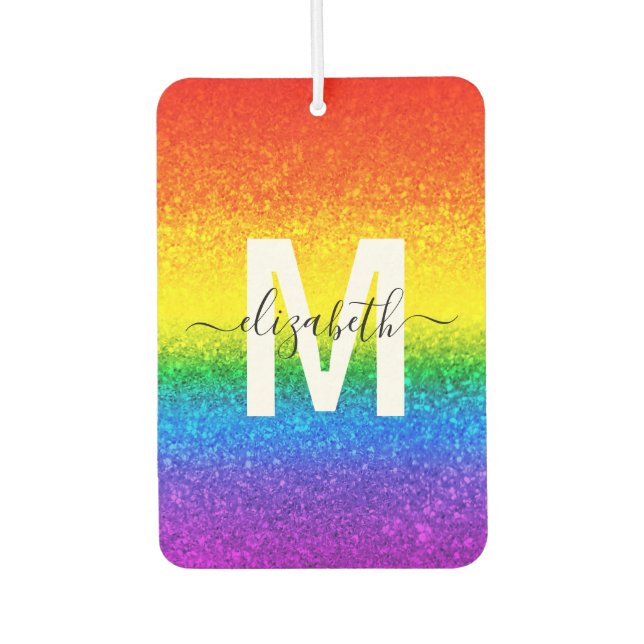 Chic Rainbow Glitter Stripes Monogram Name Car Air Freshener (Front)