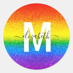 Chic Rainbow Glitter Stripes Monogram Name Classic Round Sticker