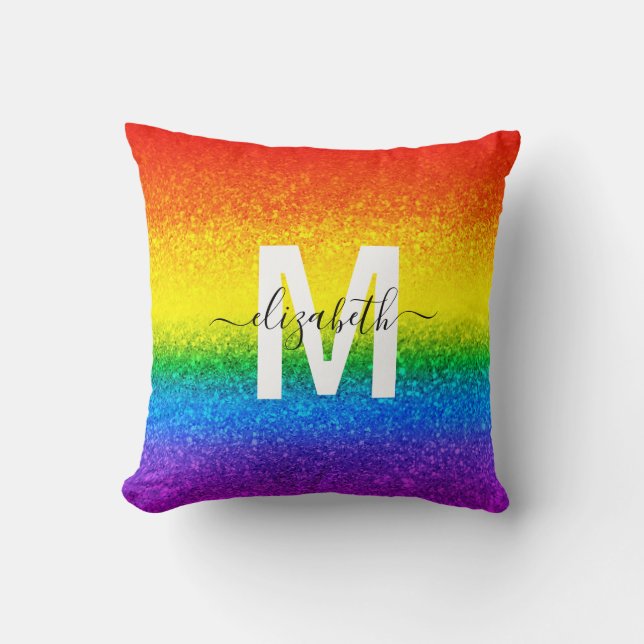 Chic Rainbow Glitter Stripes Monogram Name Cushion (Front)