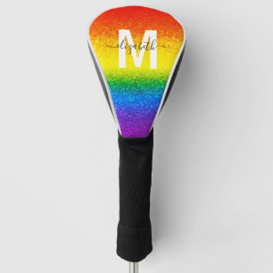 Chic Rainbow Glitter Stripes Monogram Name Golf Head Cover