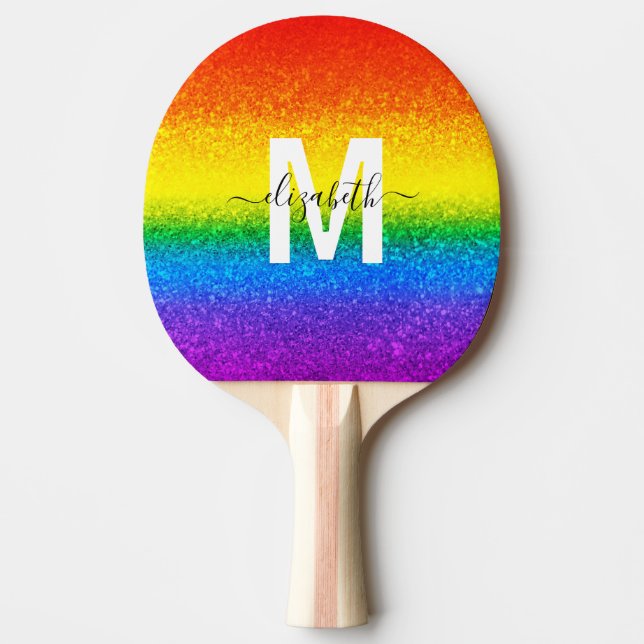 Chic Rainbow Glitter Stripes Monogram Name Ping Pong Paddle (Front)