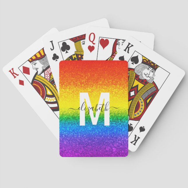 Chic Rainbow Glitter Stripes Monogram Name Playing Cards (Back)