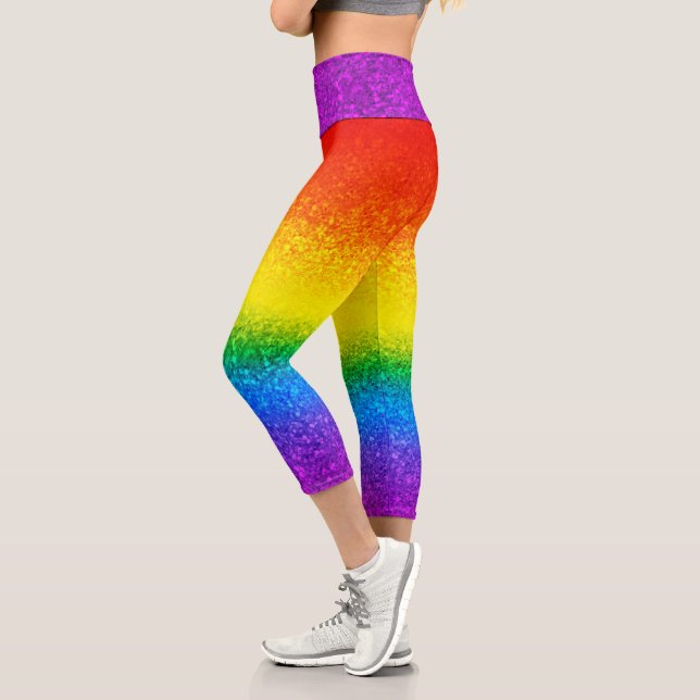 Chic Rainbow Glitter Stripes Sparkles Capri Leggings (Left)