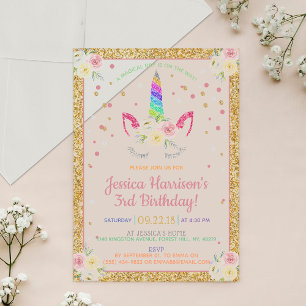 Chic Rainbow Glitter Unicorn Any Age Birthday Acrylic Invitations
