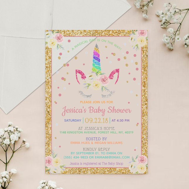 Chic Rainbow Glitter Unicorn Baby Shower Acrylic Invitations (Creator Uploaded)