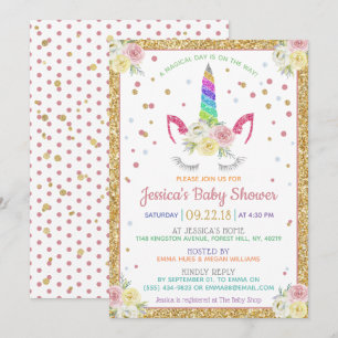 Chic Rainbow Glitter Unicorn Baby Shower Invitation