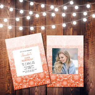 Chic Rainbow Orange Stripes Floral Photo Birthday  Invitation